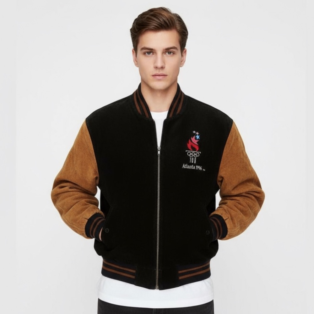 Vintage- Atlanta Olympic Games 1996 Suede Jacket -Black and Tan Bomber Jacket